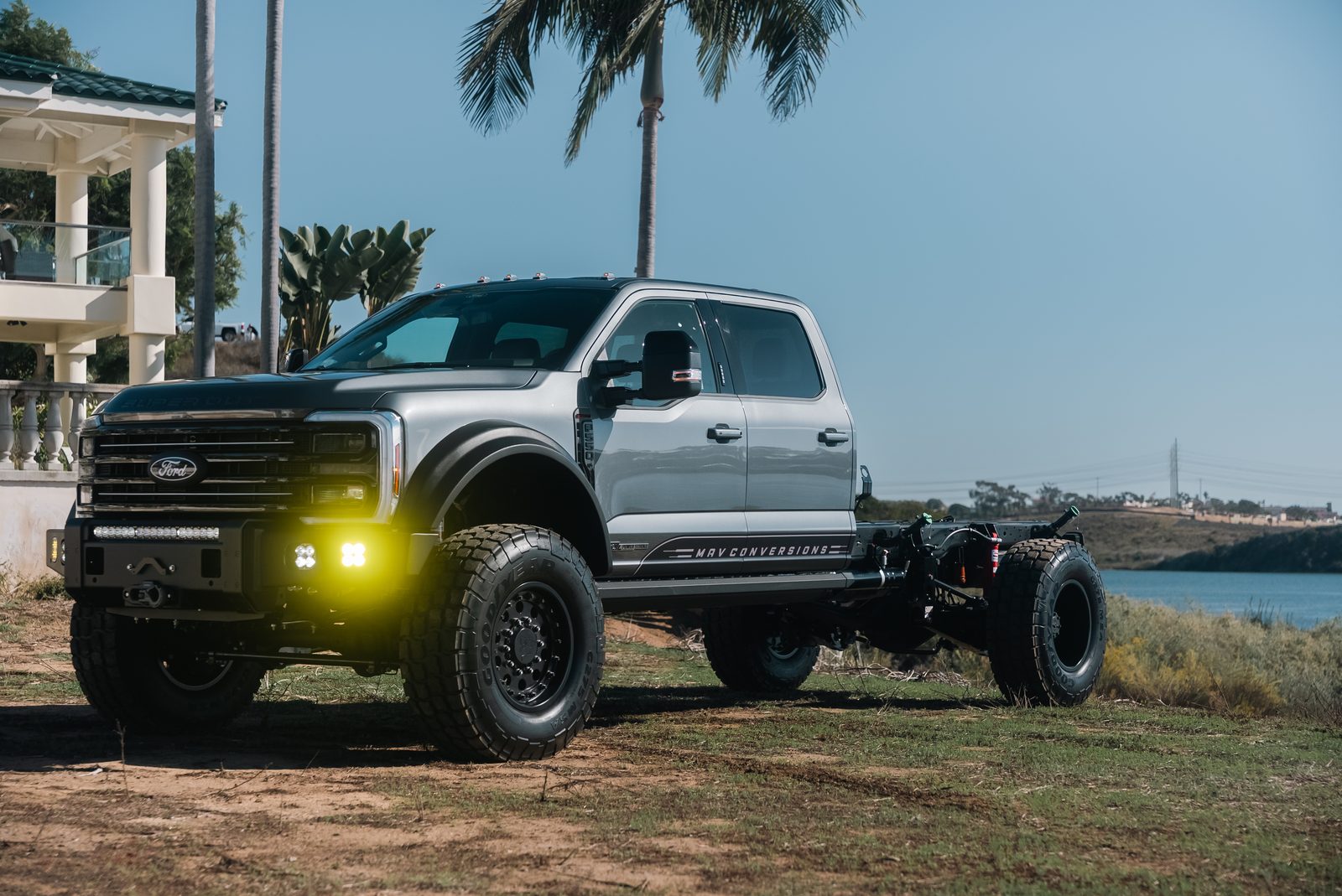 MAV Conversions Ford F-550 cab chassis, front three-quarter, lifted on 41-inch Goodyears